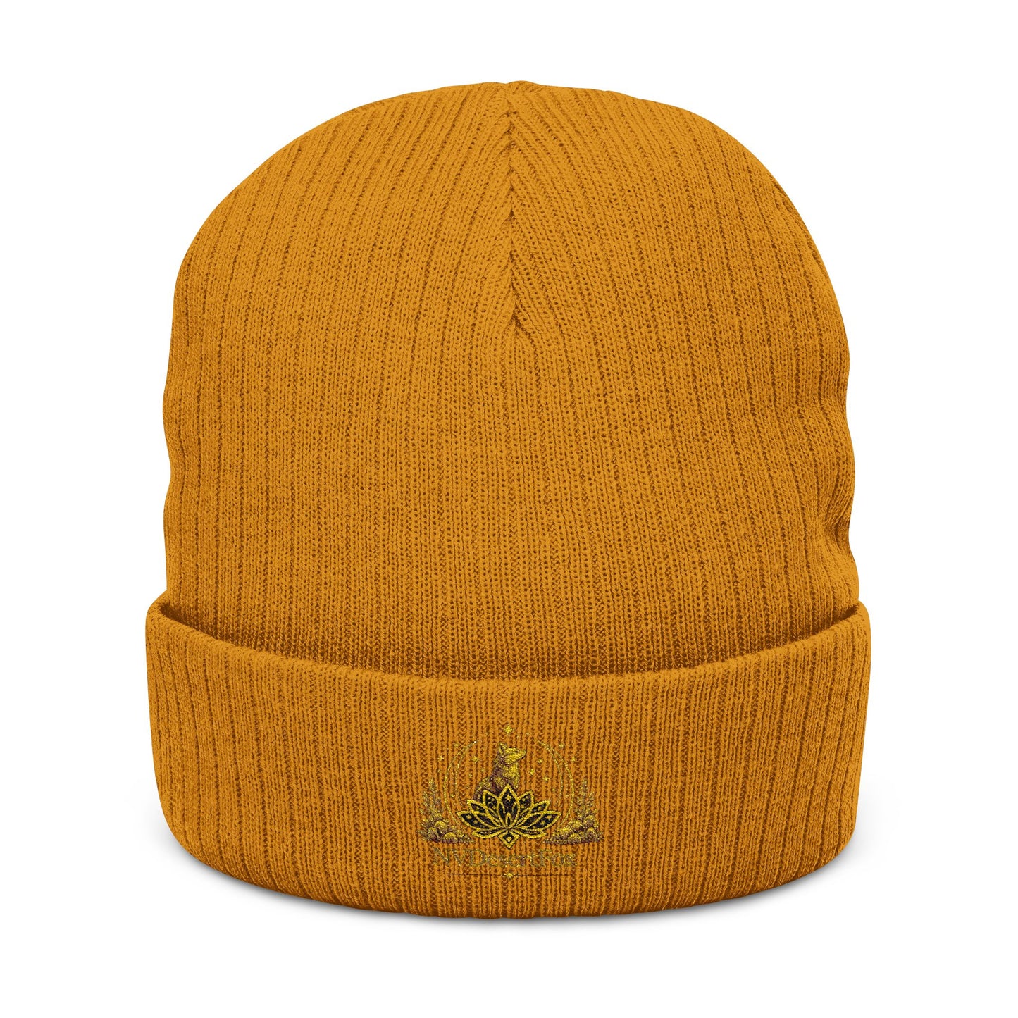 Embroidered Gold Crest Ribbed Beanie — Stylish Winter Knit Hat