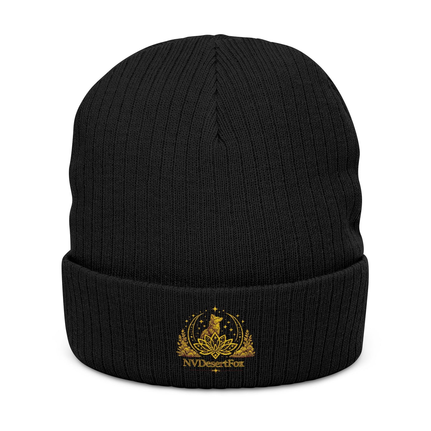 Embroidered Gold Crest Ribbed Beanie — Stylish Winter Knit Hat