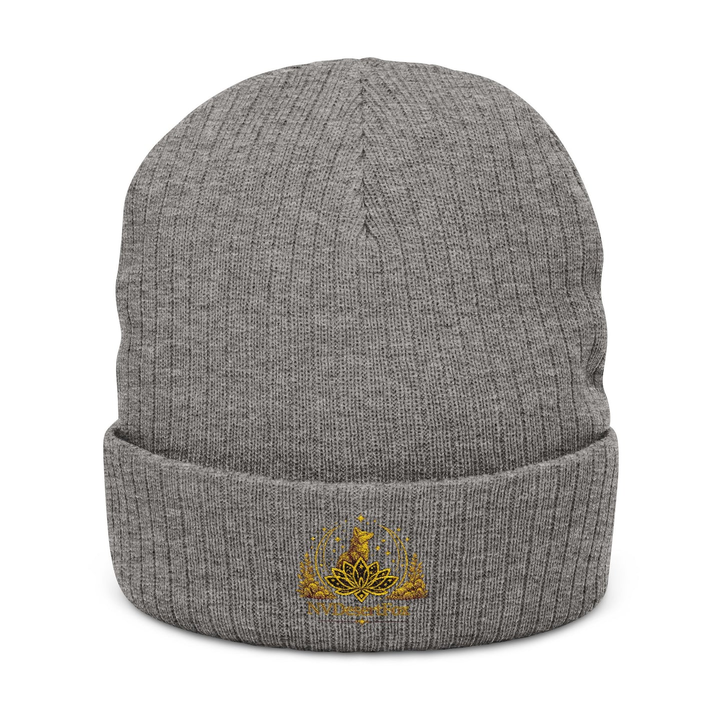 Embroidered Gold Crest Ribbed Beanie — Stylish Winter Knit Hat