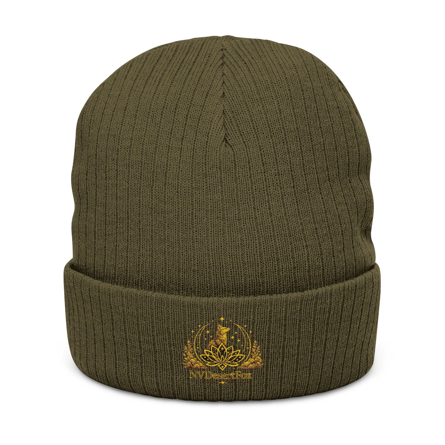 Embroidered Gold Crest Ribbed Beanie — Stylish Winter Knit Hat