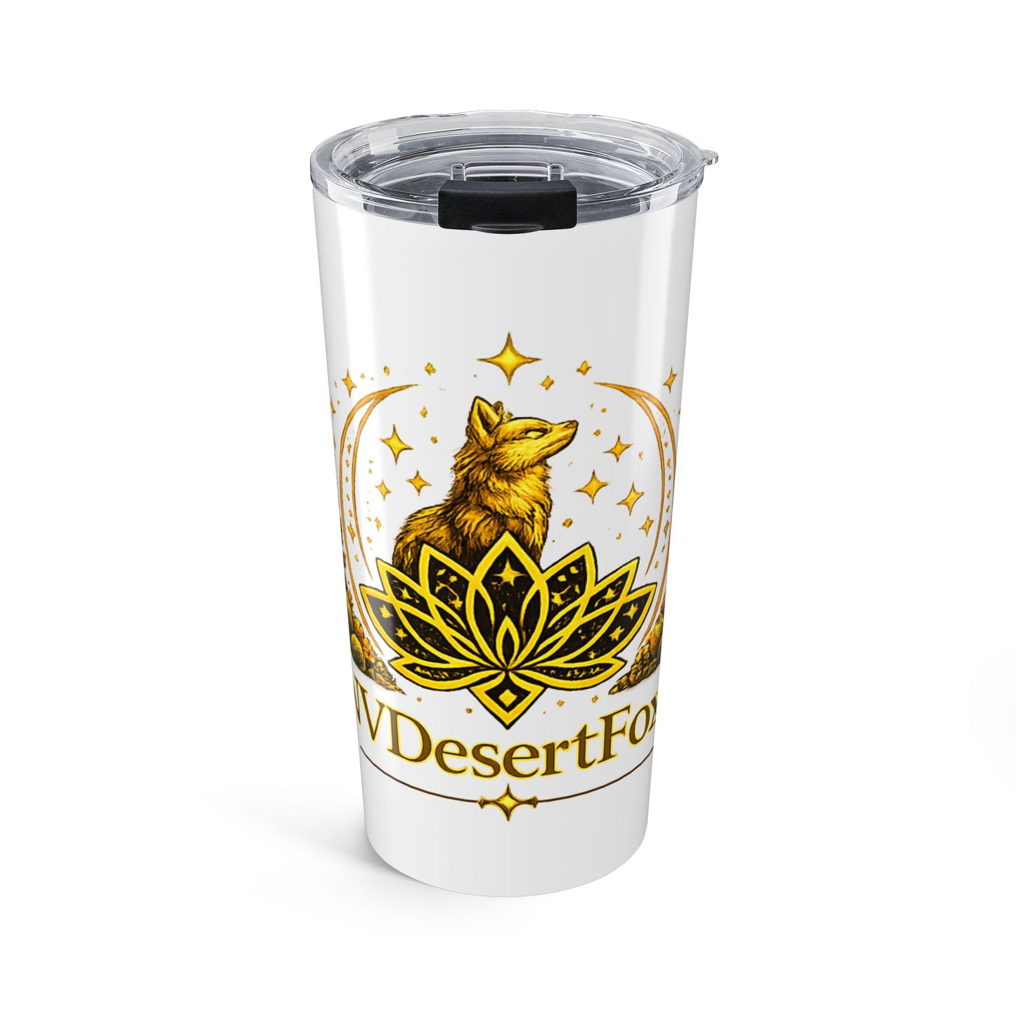 20oz Desert Fox Tumbler — Insulated Travel Cup with Golden Fox & Lotus Design