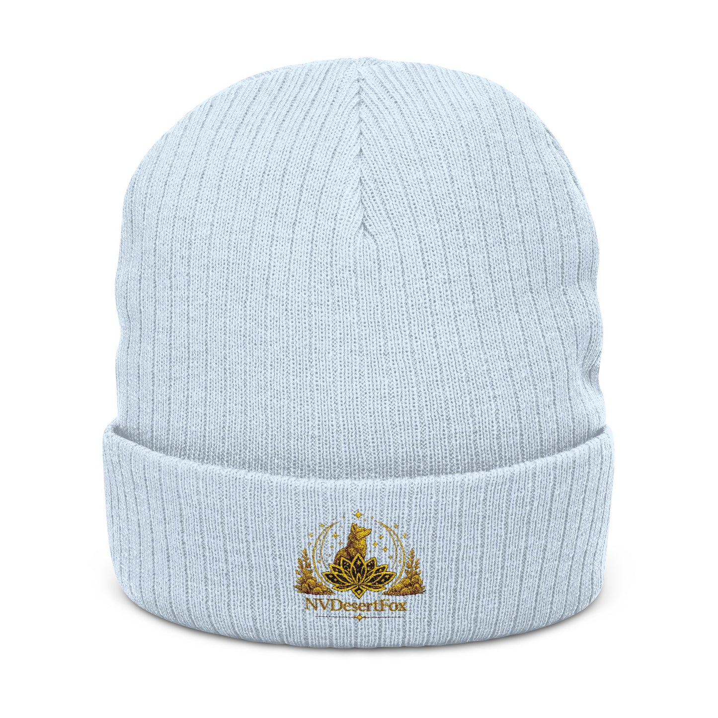 Embroidered Gold Crest Ribbed Beanie — Stylish Winter Knit Hat