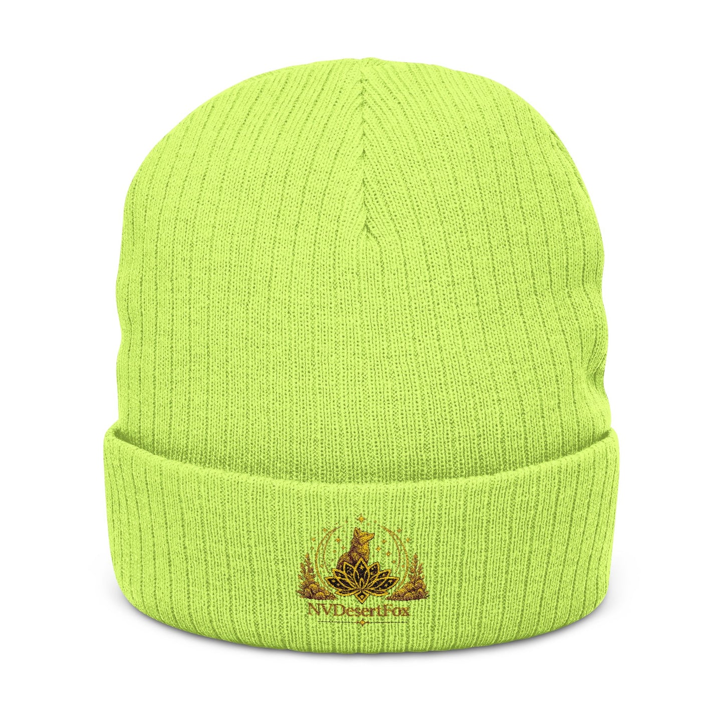 Embroidered Gold Crest Ribbed Beanie — Stylish Winter Knit Hat