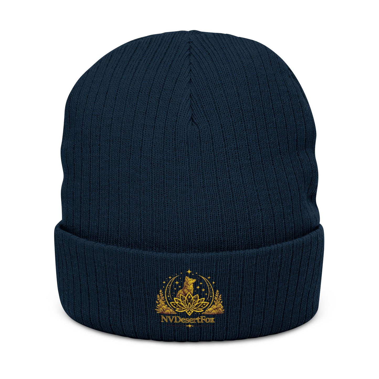 Embroidered Gold Crest Ribbed Beanie — Stylish Winter Knit Hat