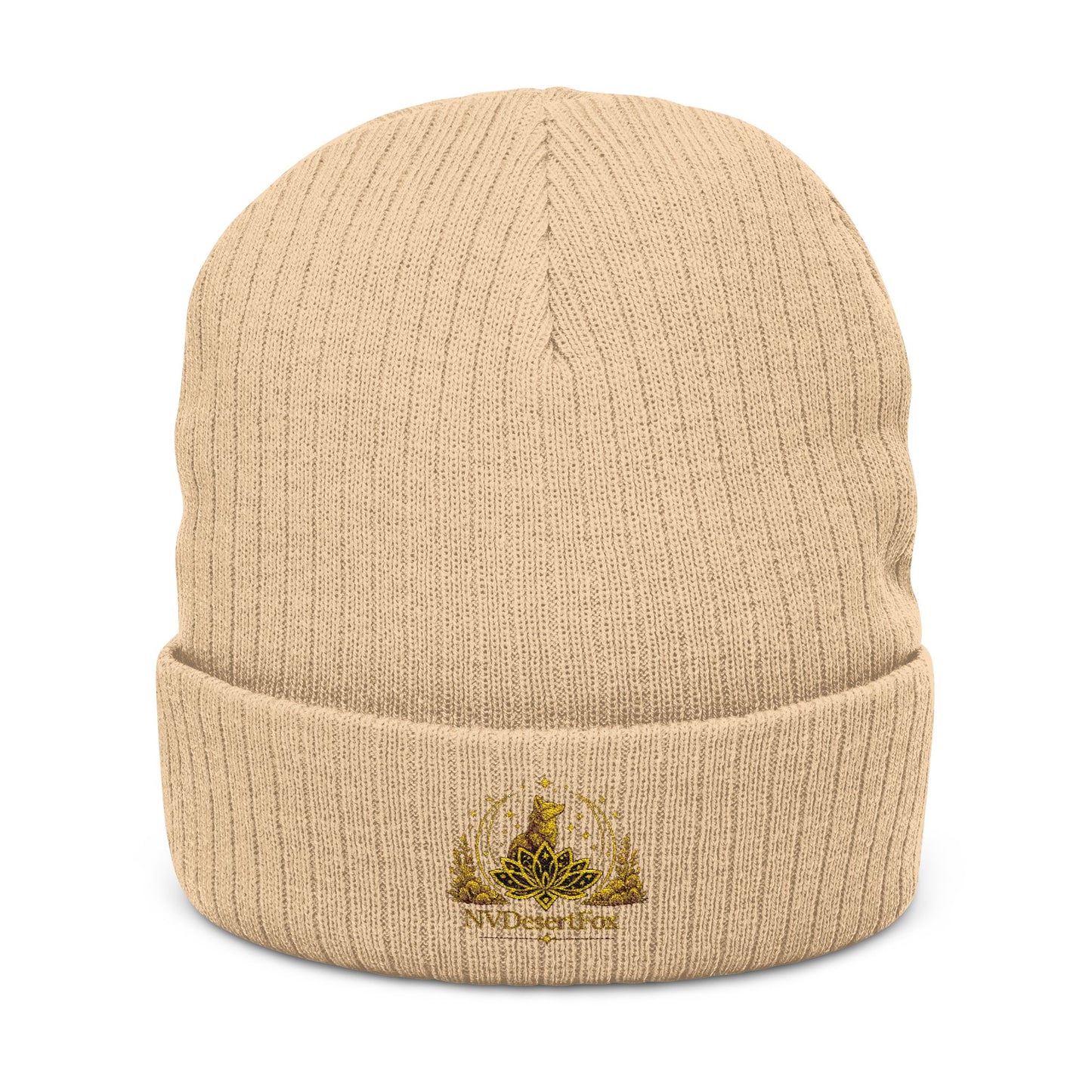 Embroidered Gold Crest Ribbed Beanie — Stylish Winter Knit Hat